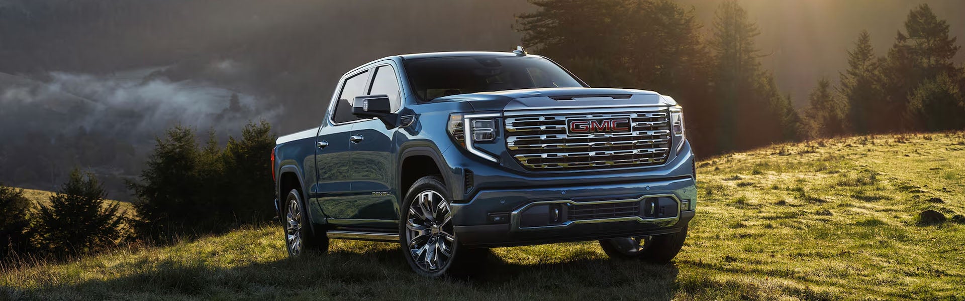 GMC Sierra 1500 pickup truck parked in a grassy field with a forested mountain landscape in the background.